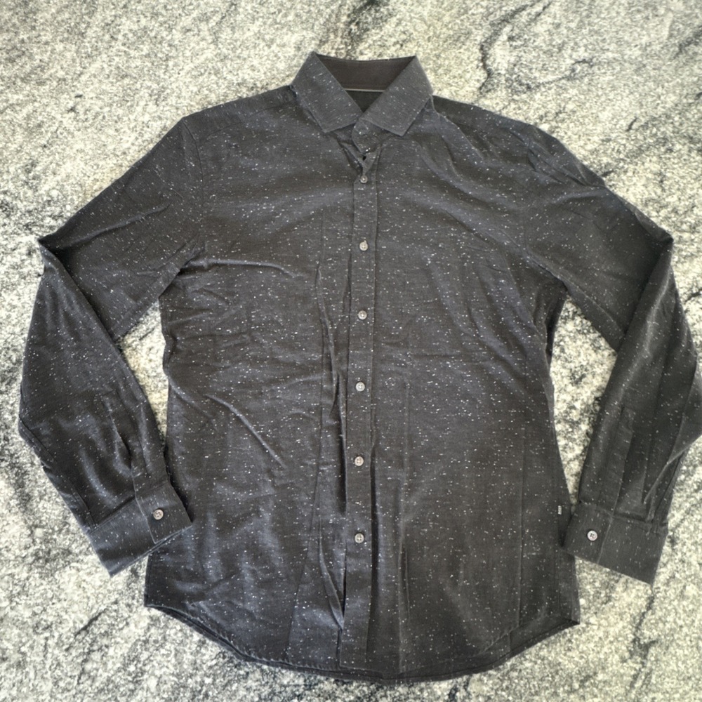 Hugo Boss Men's Large Slim Black White Spots Button Down Cotton Cashmere #G70